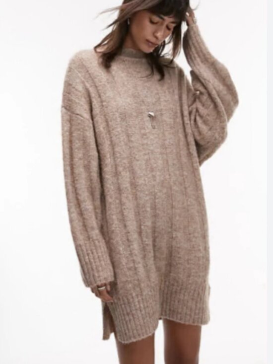 Topshop Dresses & Skirts - Topshop knitted oversized funnel neck wide rib mini dress in mushroom